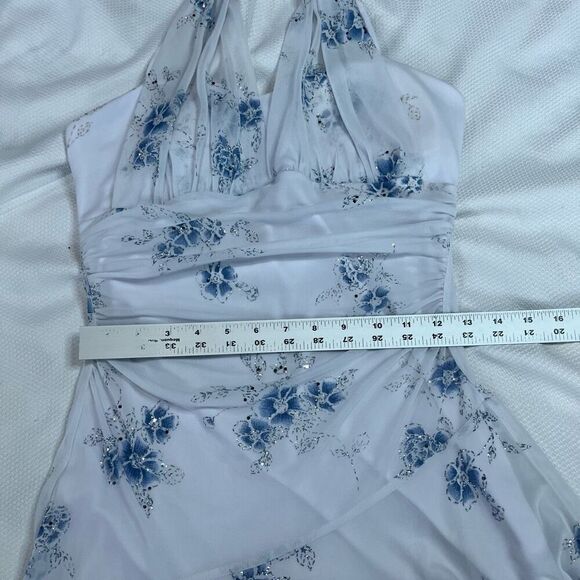 Y2K White Blue Halter Neck Ruffle Hem Dress - Picture 6 of 7